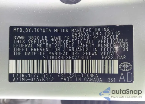 2016 Toyota Corolla Le from USA, damaged, VIN 2T1BURHE3GC746041